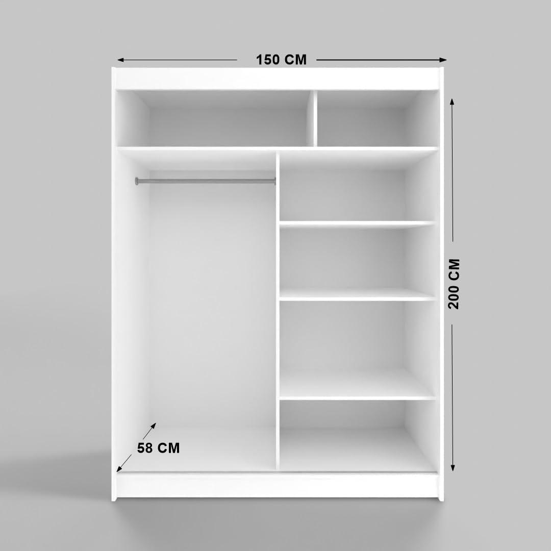 White Series 150 cm Sliding Door Wardrobe with Mirror Widths 100/120/150/180/200/250 cm Furniture for Bedroom Living Room Wardrobe with Hanging Rail