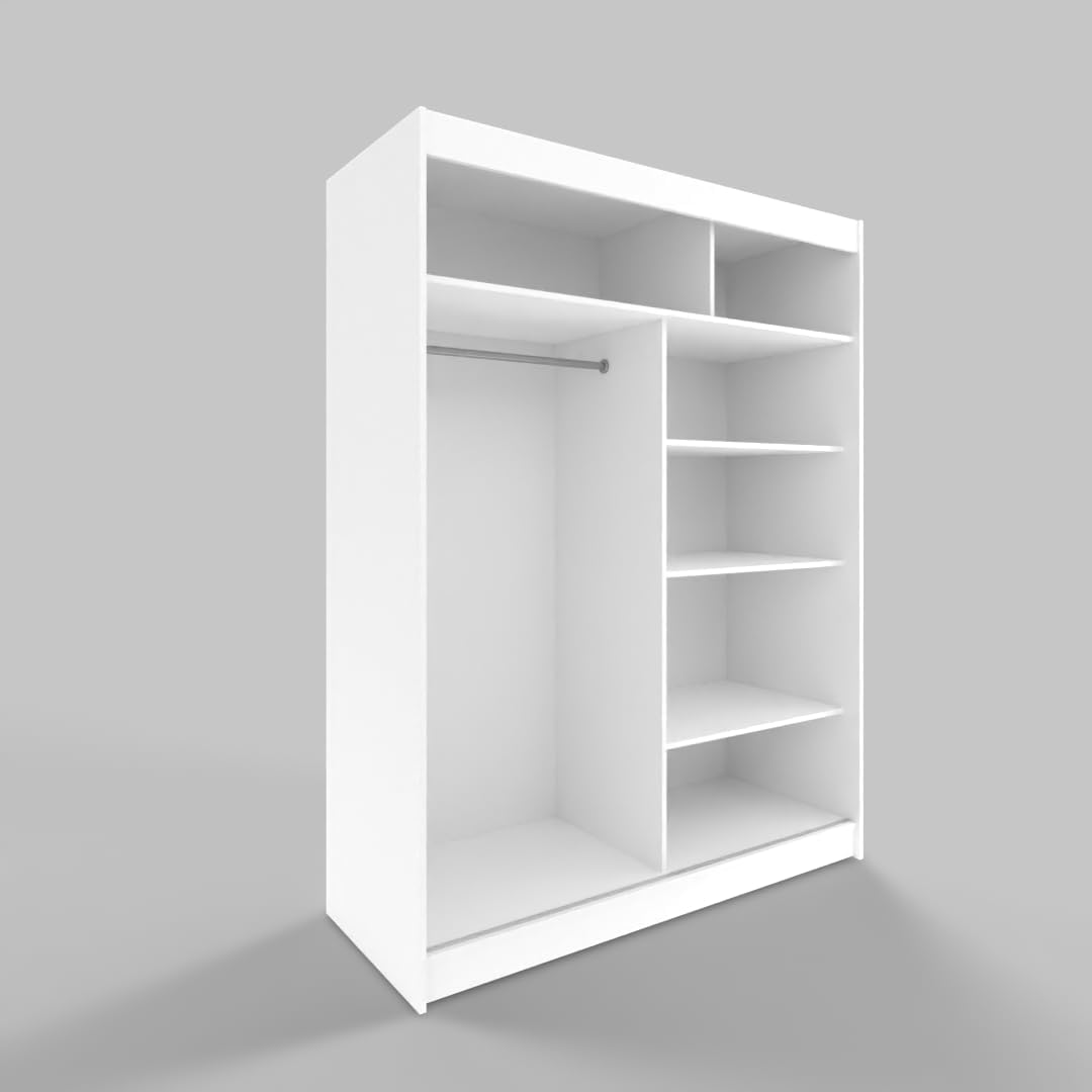 White Series 150 cm Sliding Door Wardrobe with Mirror Widths 100/120/150/180/200/250 cm Furniture for Bedroom Living Room Wardrobe with Hanging Rail