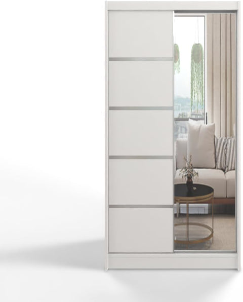 White Series 100 cm Sliding Door Wardrobe with Mirror Widths 100/120/150/180/200/250 cm Furniture for Bedroom Living Room Wardrobe with Hanging Rail
