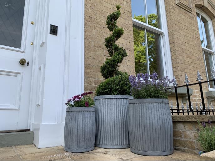 Large Metal Round Ribbed Dolly Garden Drum Flower Pots (Set Of 3)