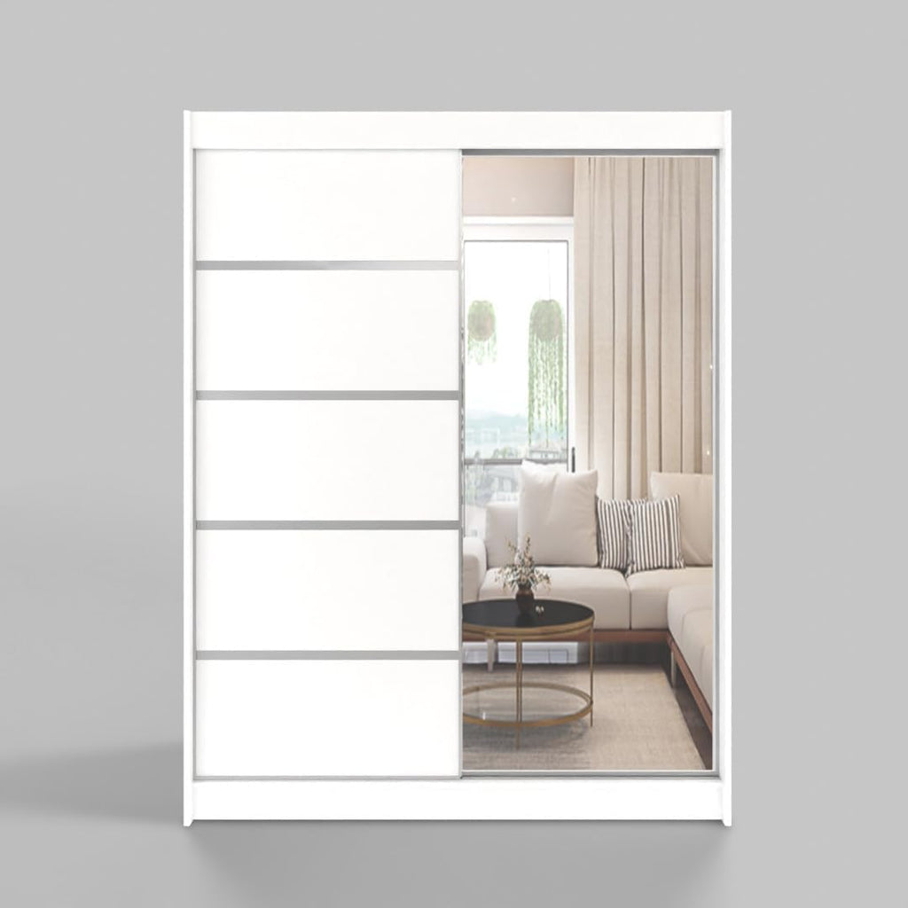 White Series 120 cm Sliding Door Wardrobe with Mirror Widths 100/120/150/180/200/250 cm Furniture for Bedroom Living Room Wardrobe with Hanging Rail