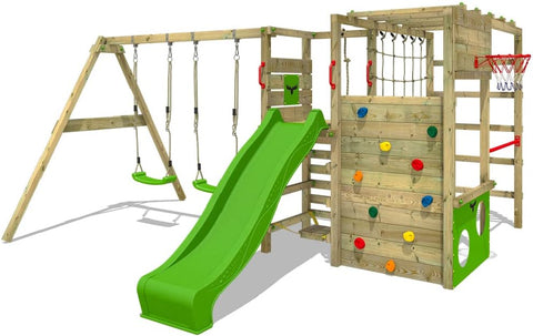 Wooden climbing frame ActionArena Air XXL with swing set &amp; apple green slide