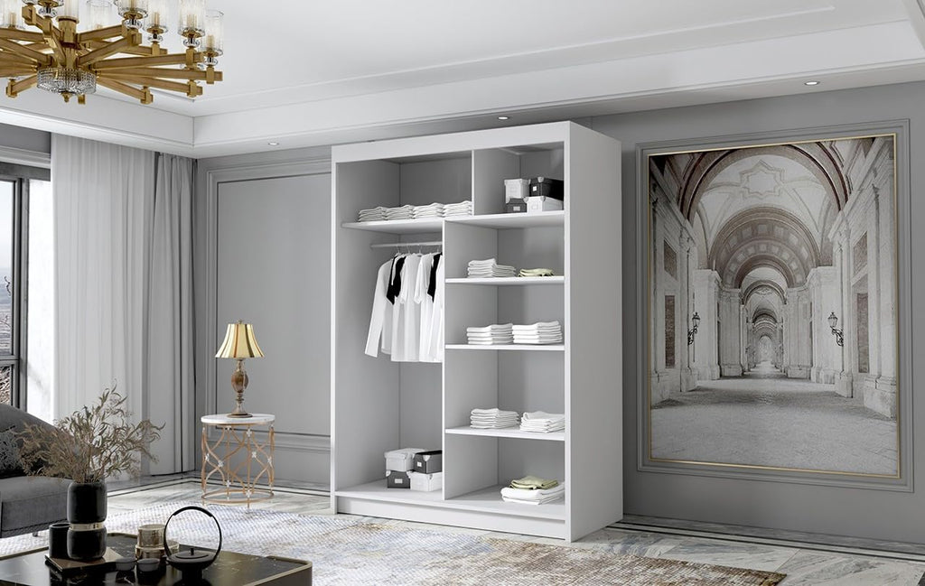White Series 120 cm Sliding Door Wardrobe with Mirror Widths 100/120/150/180/200/250 cm Furniture for Bedroom Living Room Wardrobe with Hanging Rail