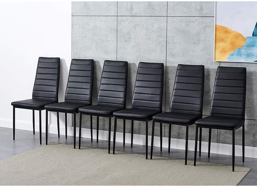 Glass Dining Table and Faux Leather Chairs Dining Room Kitchen Furniture Set (Table140cm + 6 Black Chairs)