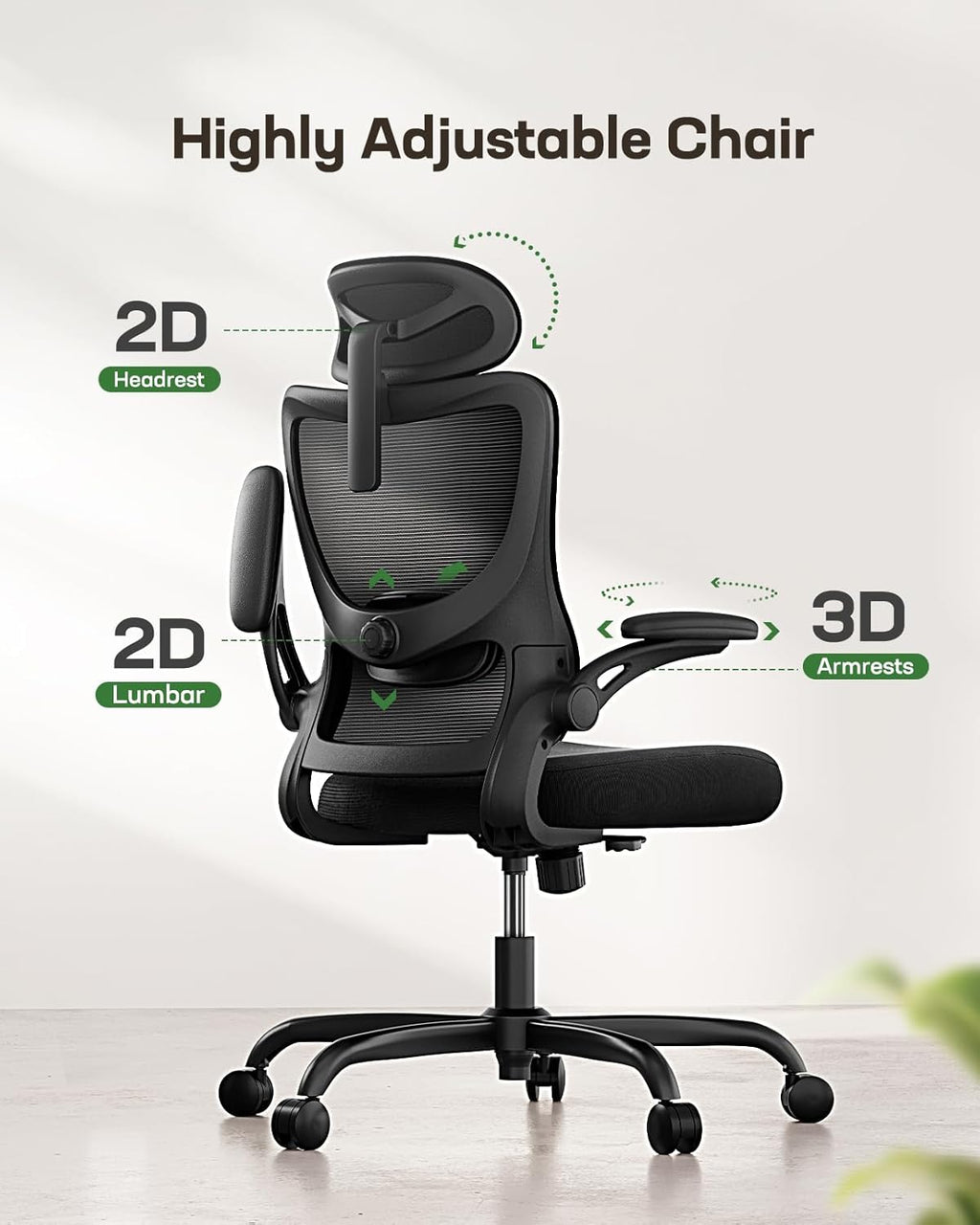 Office Chair: Computer Desk Chair with High Back Adjustable Lumbar Support 3D Armrests and Headrest 101°-120°Rocking Mesh Swivel Task Chairs for Home Office
