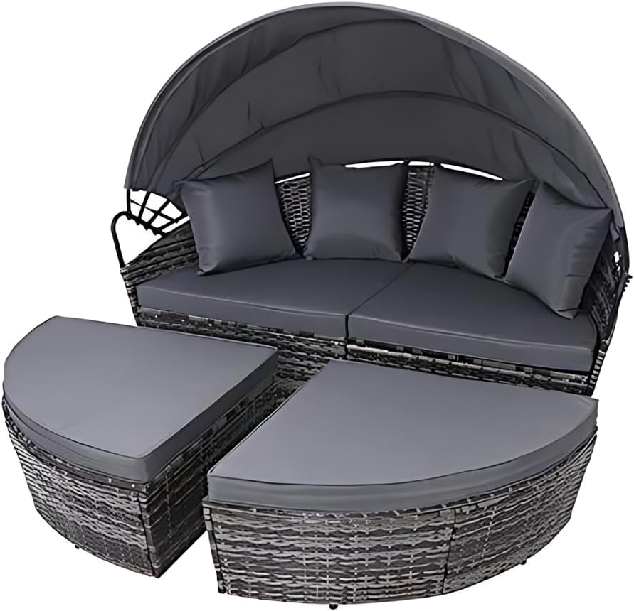 Bali 4 Piece Modular Round Rattan Wicker Patio Garden Furniture Daybed Sun Lounger Set with Extendable Canopy and Conversation Seat Cushions (Mixed Grey)