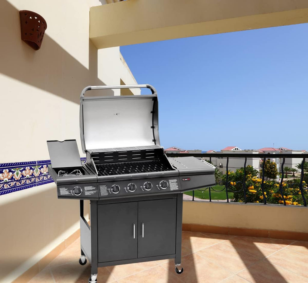 Barbecue 4+1 - Deluxe Grill BBQ with Side Ring Burner Black (Barbecue with Cover)