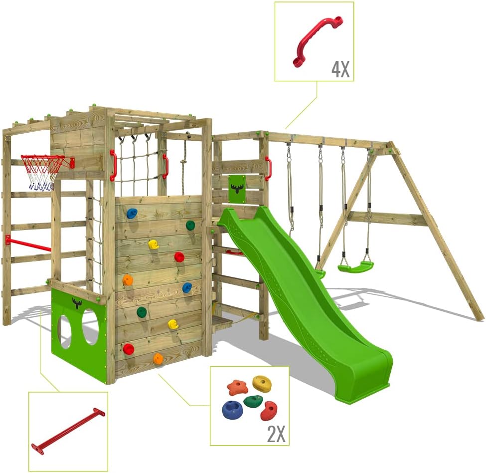 Wooden climbing frame ActionArena Air XXL with swing set &amp; apple green slide