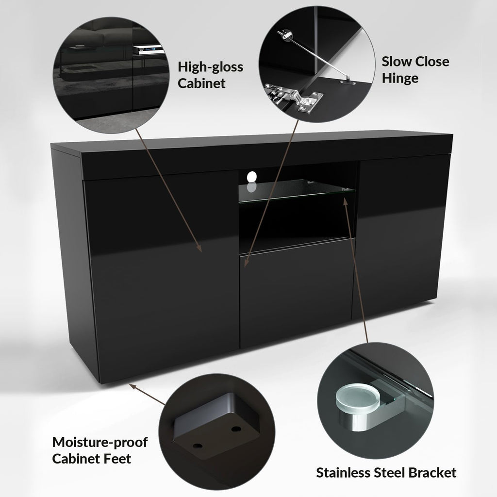 1350mm Modern TV Stand Cabinet with RGB LED Lights Black Gloss TV Unit for up to 55" TV with Ambient Light for Living Room Furniture