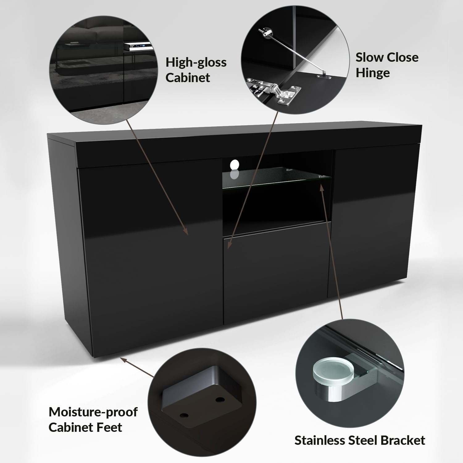 1350mm Modern TV Stand Cabinet with RGB LED Lights Black Gloss TV Unit for up to 55" TV with Ambient Light for Living Room Furniture