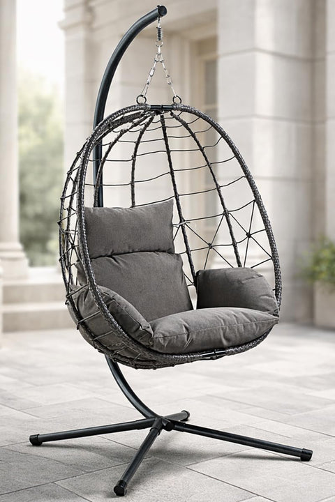 Folding Hanging Egg Chair INCLUDES WEATHERPROOF COVER - Outdoor and Indoor Rattan Weave Swing Chair Hammock - Hanging Chair (Grey with Grey Cushion)