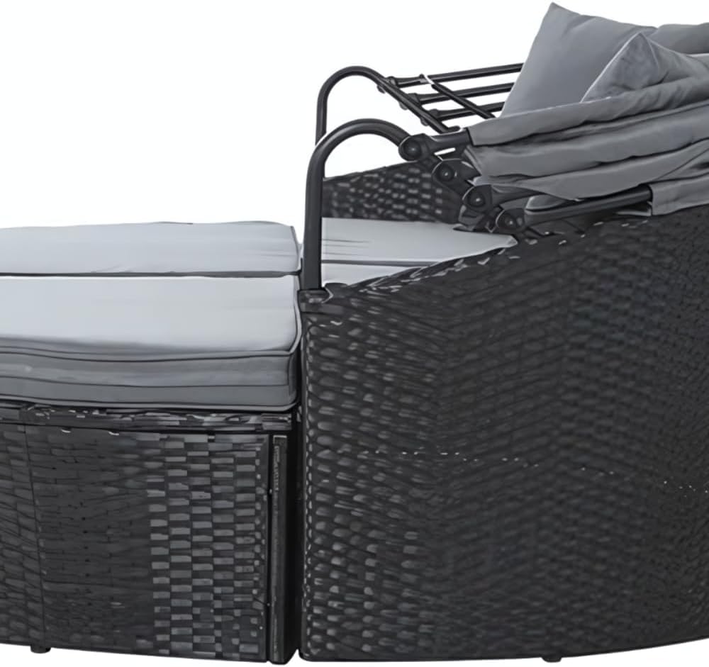 4 Piece Modular Round Rattan Wicker Patio Garden Furniture Daybed Sun Lounger Set with Extendable Canopy and Conversation Seat Cushions (Black)