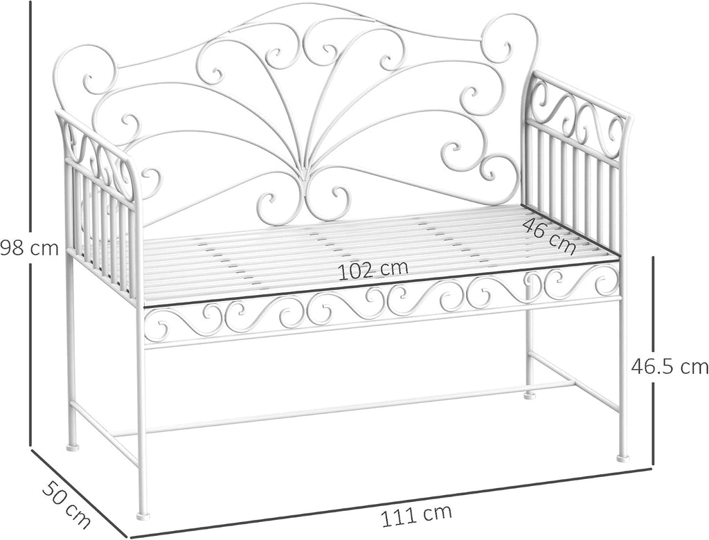 Garden 2 Seater Metal Bench Park Seating Outdoor Furniture Chair w/Decorative Backrest White
