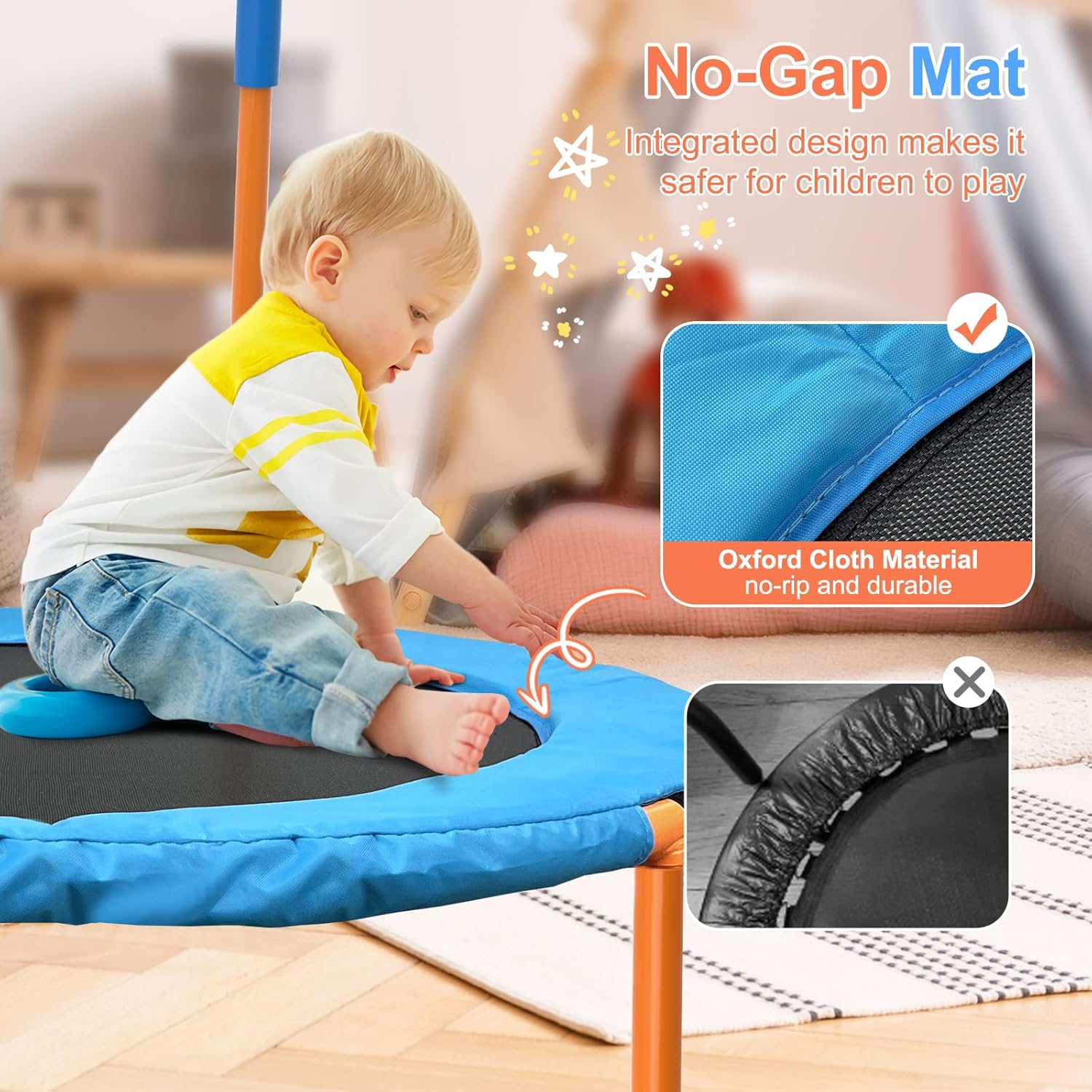 36''Foldable Rebounder Band Big Handle Trampoline for Toddlers Kids With Super Safety Pad Foam Handle Oxford Padded Noise-Free Kids Cover Fun for Kids Indoor/Outdoor for 3-6 years old