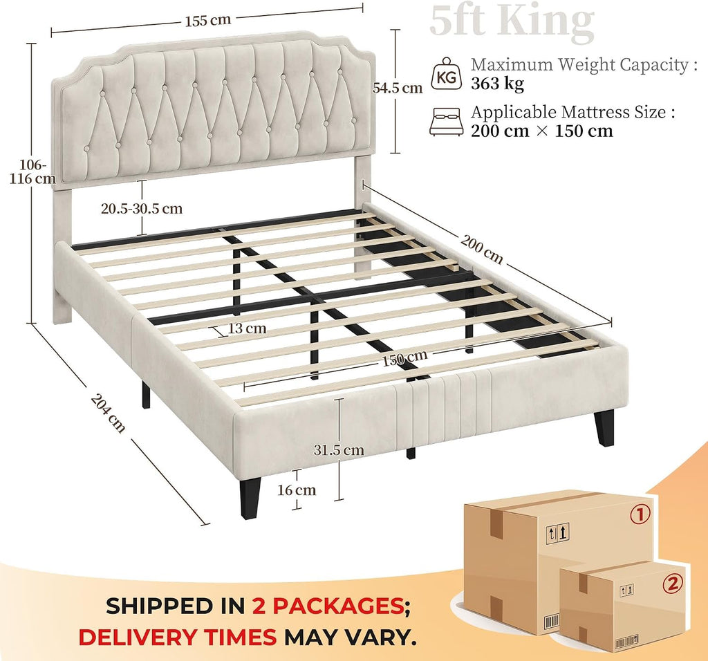 5ft King Bed Frame Upholstered Platform Bed with Adjustable Button Tufted Headboard/Velvet Fabric/Sturdy Wooden Slat Support/No Box Spring Needed