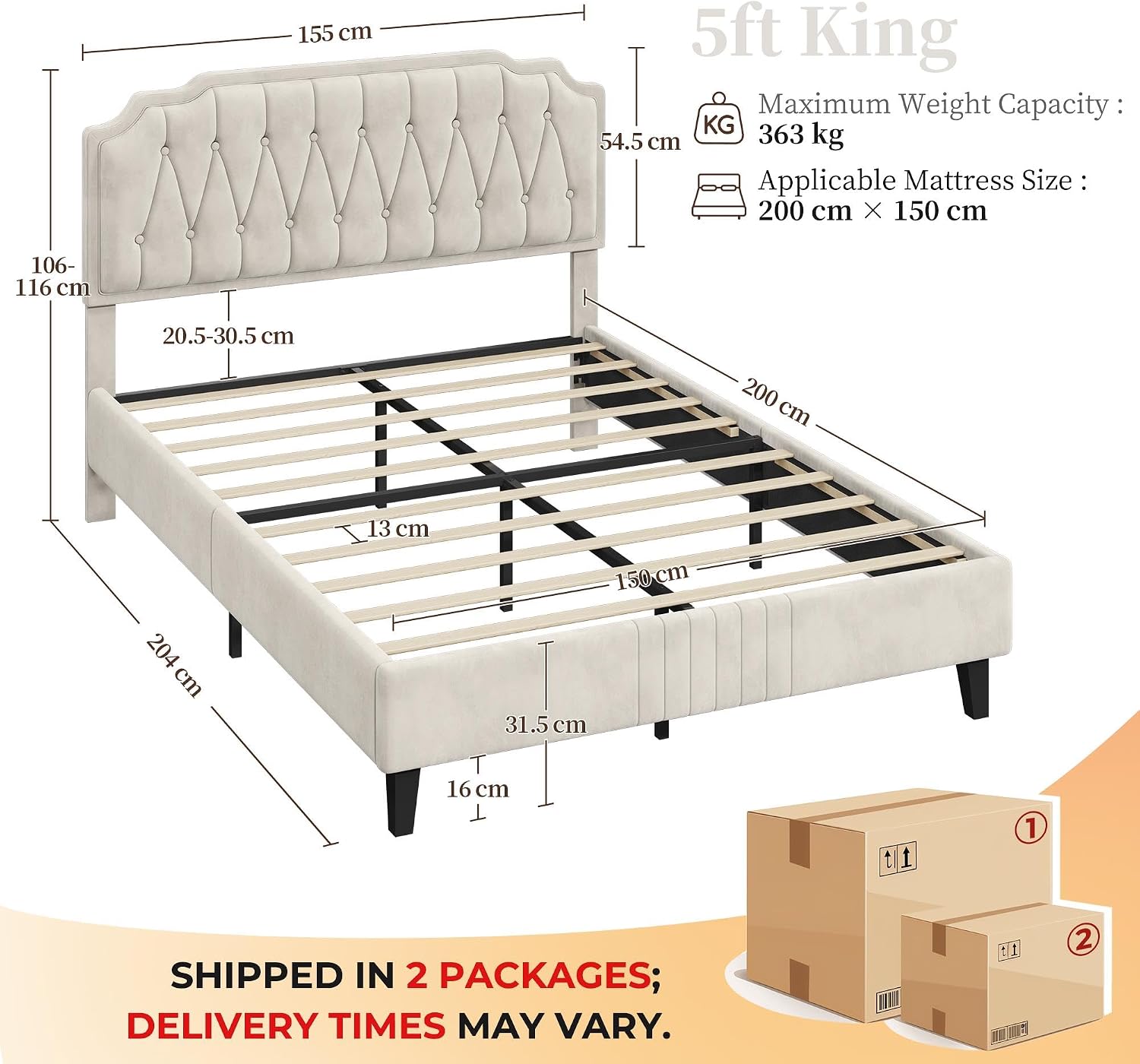 5ft King Bed Frame Upholstered Platform Bed with Adjustable Button Tufted Headboard/Velvet Fabric/Sturdy Wooden Slat Support/No Box Spring Needed