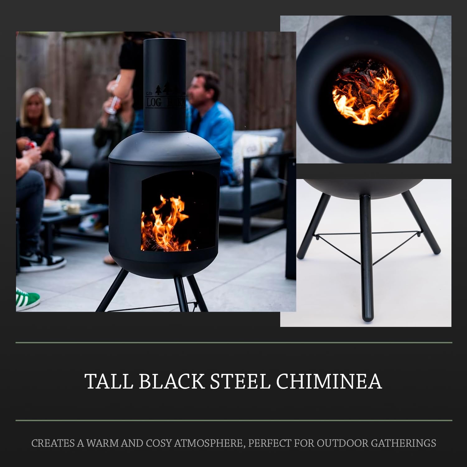 Chiminea for Garden (43 x 43 x 118 cm). Black Steel Log Burner Outdoor with Poker. Durable