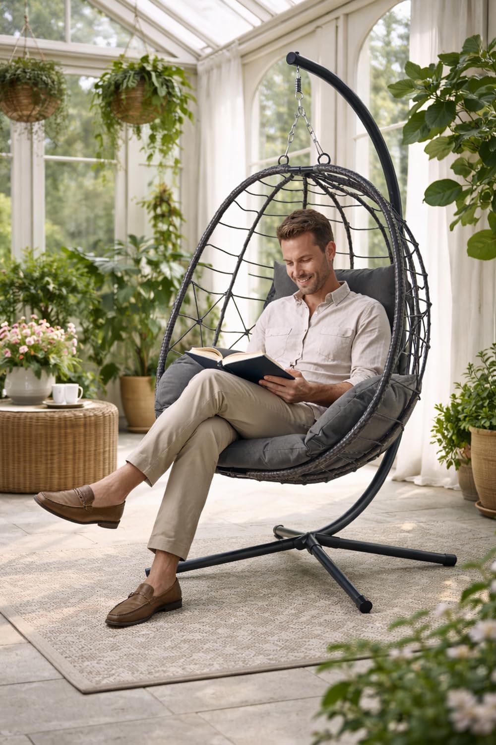 Folding Hanging Egg Chair INCLUDES WEATHERPROOF COVER - Outdoor and Indoor Rattan Weave Swing Chair Hammock - Hanging Chair (Grey with Grey Cushion)