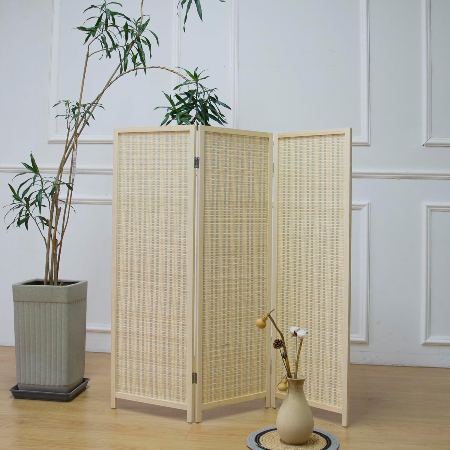 3 Panel Bamboo Room Divider Short Folding Screen Divider,Double Sided Bamboo Divider Screen for Room Separation,Beige,120 cm H x 117 cm W