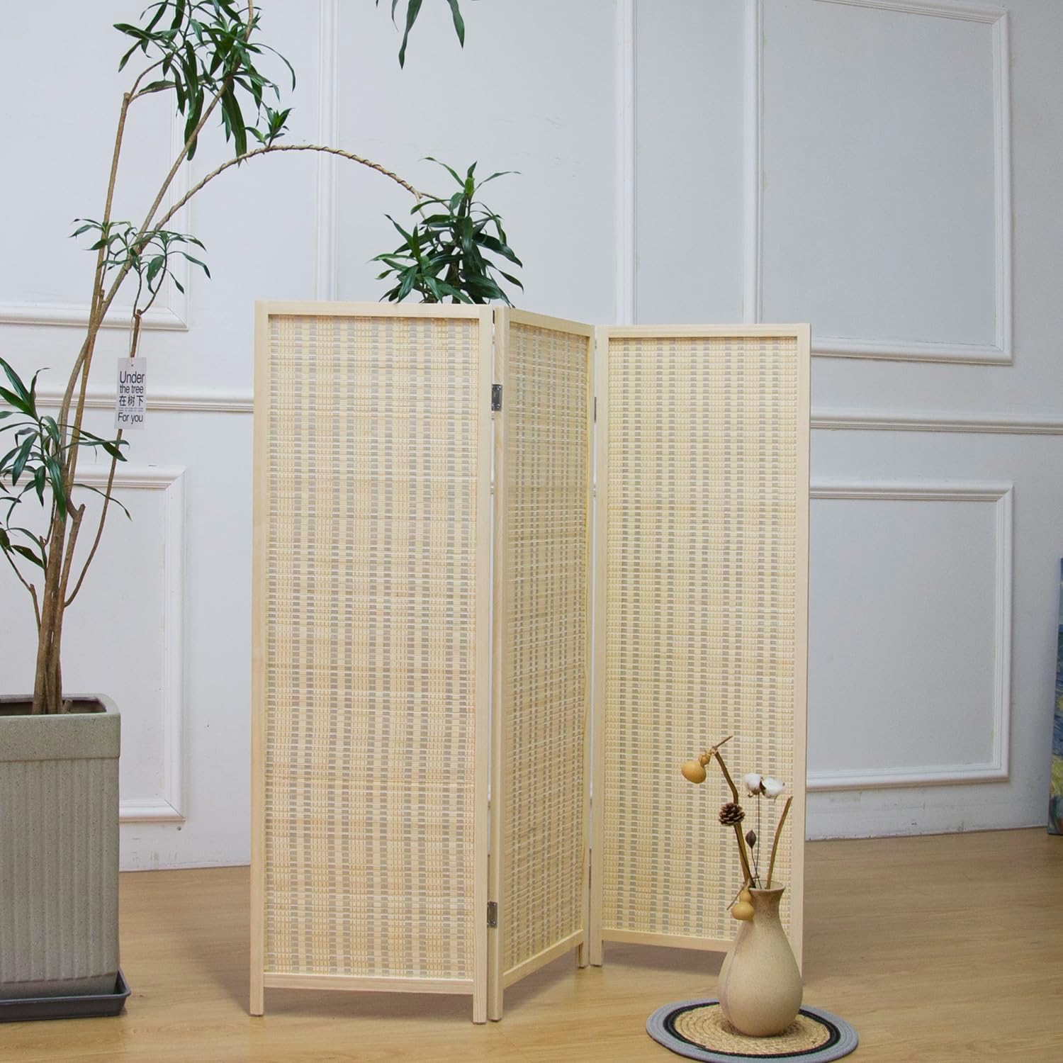 3 Panel Bamboo Room Divider Short Folding Screen Divider,Double Sided Bamboo Divider Screen for Room Separation,Beige,120 cm H x 117 cm W