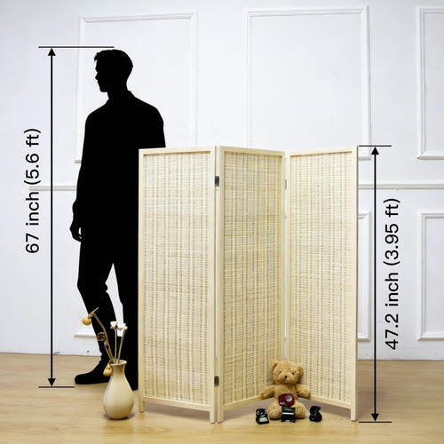3 Panel Bamboo Room Divider Short Folding Screen Divider,Double Sided Bamboo Divider Screen for Room Separation,Beige,120 cm H x 117 cm W