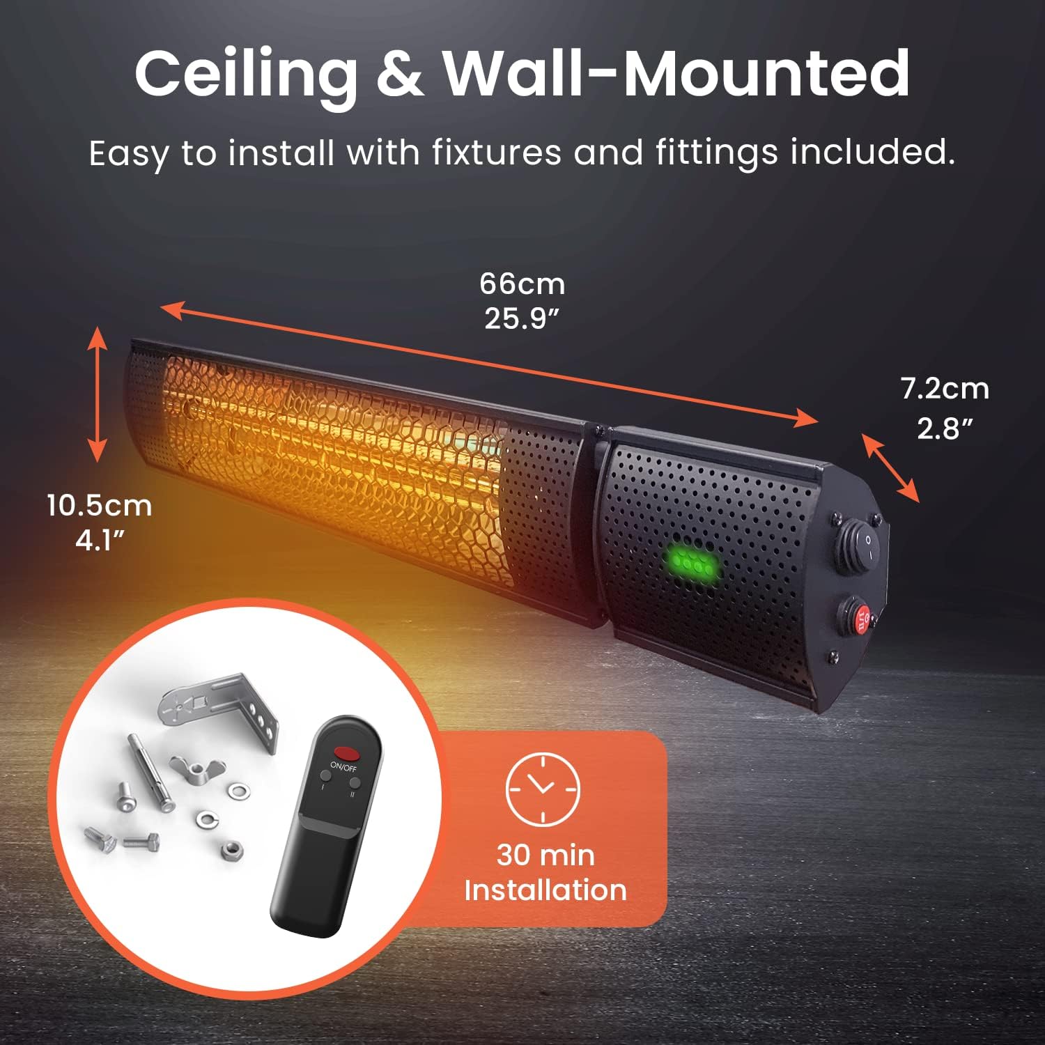 2000W - IP65 Waterproof Outdoor Halogen Infrared Patio Heater - Wall Mounted Electric Heater With Remote Control for Garden - 2 Heat Settings - Fixtures &amp; Fittings included
