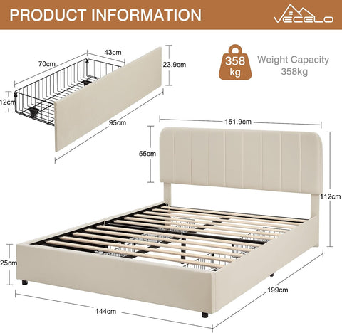 4ft6 Double Bed Frame with 4 Storage Drawers