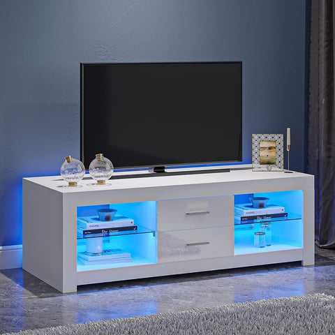 Modern TV Unit Stand Cabinet 120cm 2 Drawers 2 Glass Shelves Media Storage Sideboard with RGB LED Lights up to 55" TVs Screen