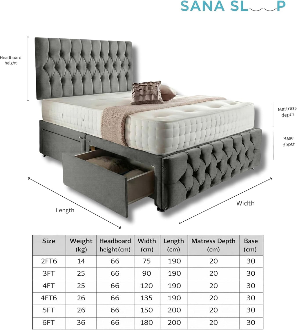 Double Bed 4FT6 with Headboard &amp; Footboard - Dmask Grey Plush Finish - Includes Pocket Sprung Multi-Zone Mattress &amp; 2 Drawers - Sturdy Divan Design for Compact Bedrooms