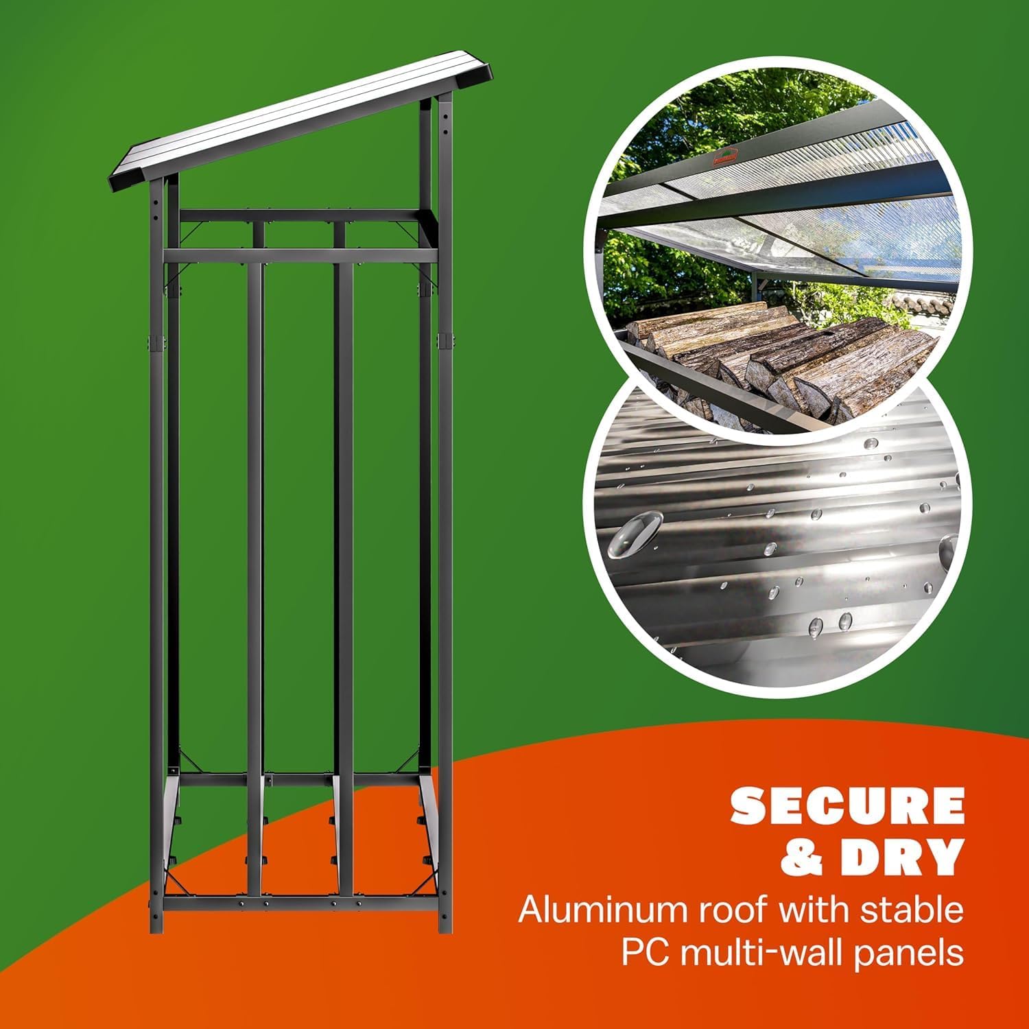 XXL Outdoor Steel Firewood Rack with Polycarbonate Roof &amp; Cover