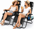Set of 2 Sun Lounger Garden Chairs - Lightweight Zero Gravity Recliner Chairs with Clip-On Side Tray &amp; Adjustable Headrest - Foldable Sunloungers - Outdoor Chair Sunbed (Black)