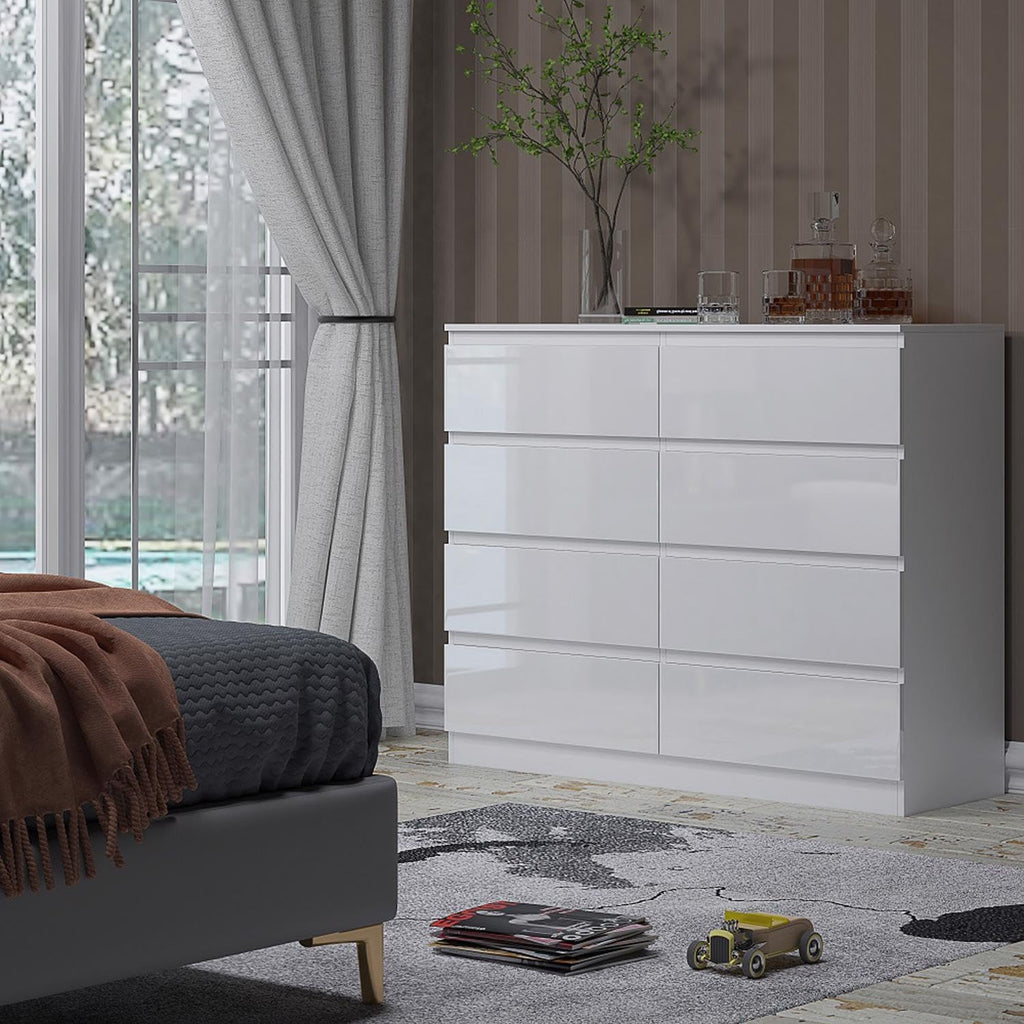White Gloss XL 8 Drawer Chest. Modern Bedroom Furniture Chest of Drawers.Matt White with White Gloss Drawer Fronts - W110 x H99 x D40cm