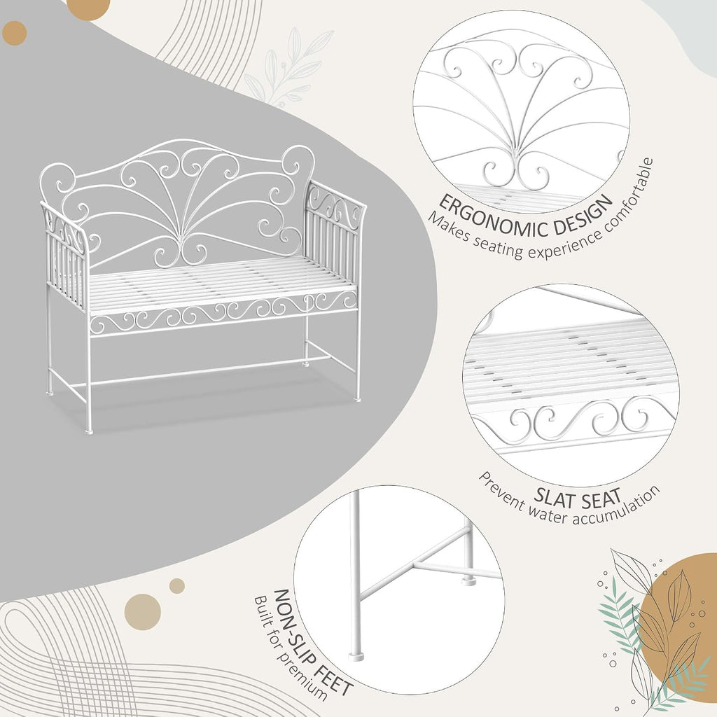 Garden 2 Seater Metal Bench Park Seating Outdoor Furniture Chair w/Decorative Backrest White