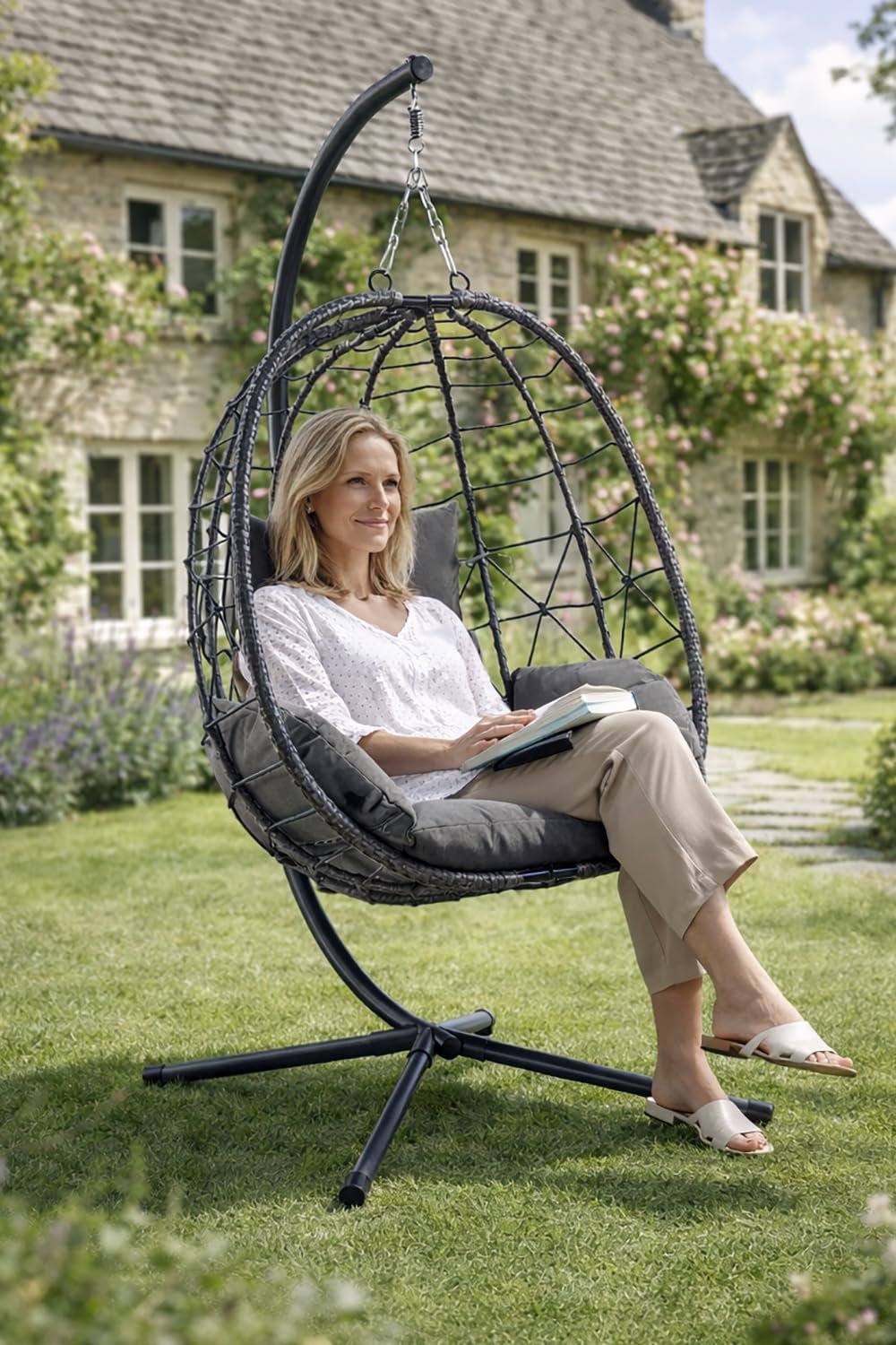 Folding Hanging Egg Chair INCLUDES WEATHERPROOF COVER - Outdoor and Indoor Rattan Weave Swing Chair Hammock - Hanging Chair (Grey with Grey Cushion)