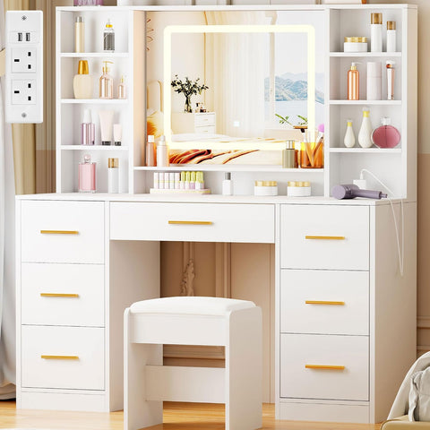Dressing Table with Lighted Mirror Makeup Vanity Desk with Power Outlet 7 Drawers 3 Colors Lighting Adjustable Brightness Modern Vanity Table for Women Bedroom Dressing Room White YBDT90W