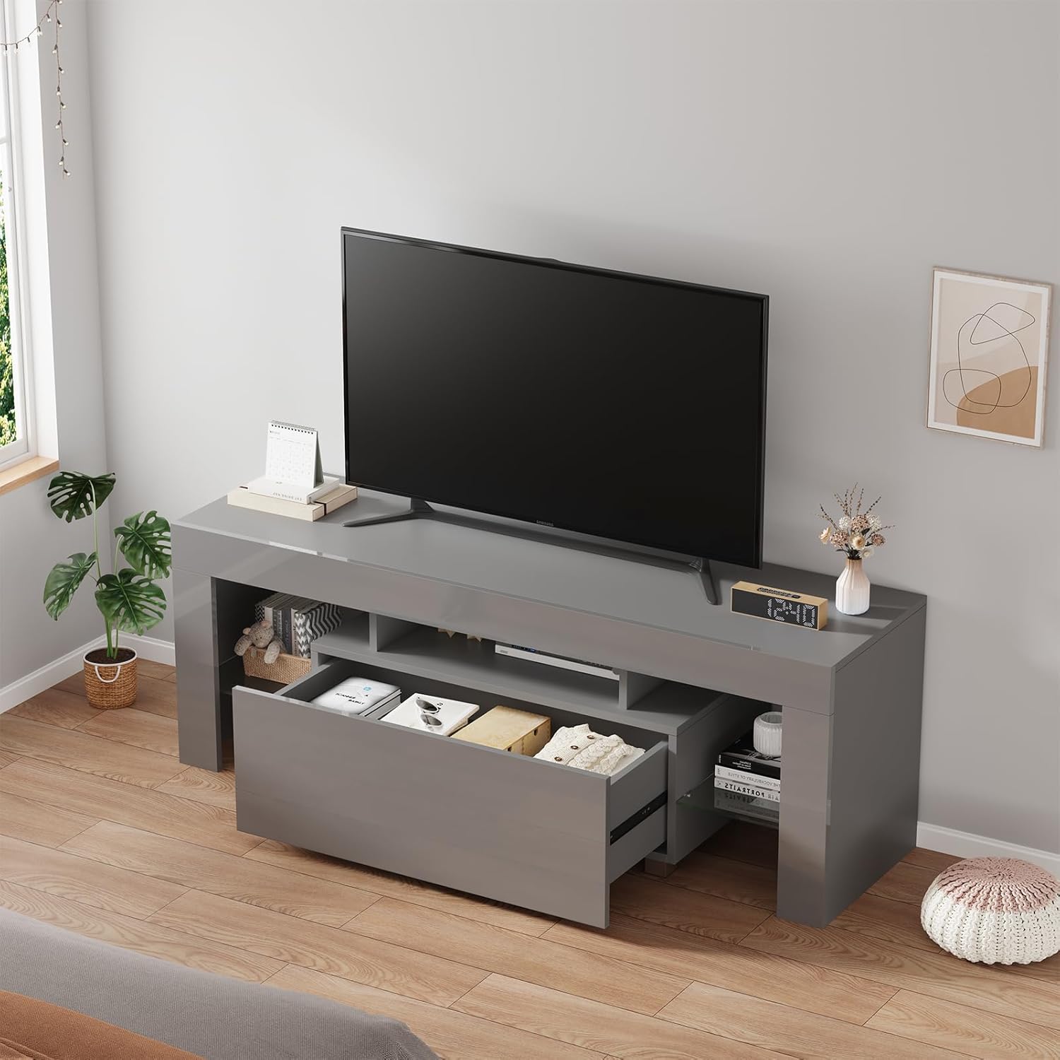 130cm High Gloss Grey TV Stand Cabinet With RGB LED Lights