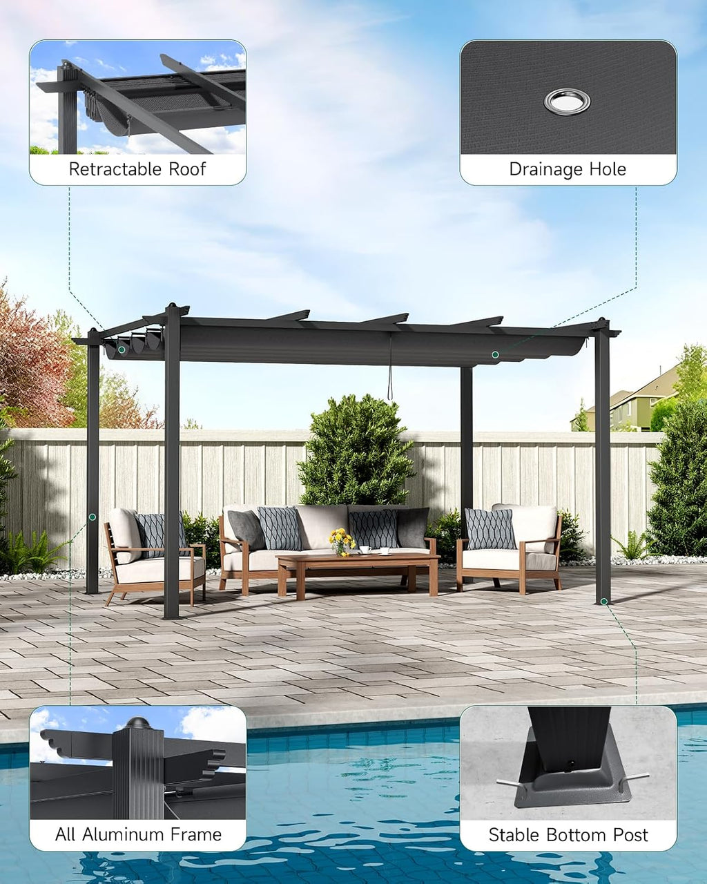 The Fellie 3M x 4M Aluminium Pergola with Retractable Roof