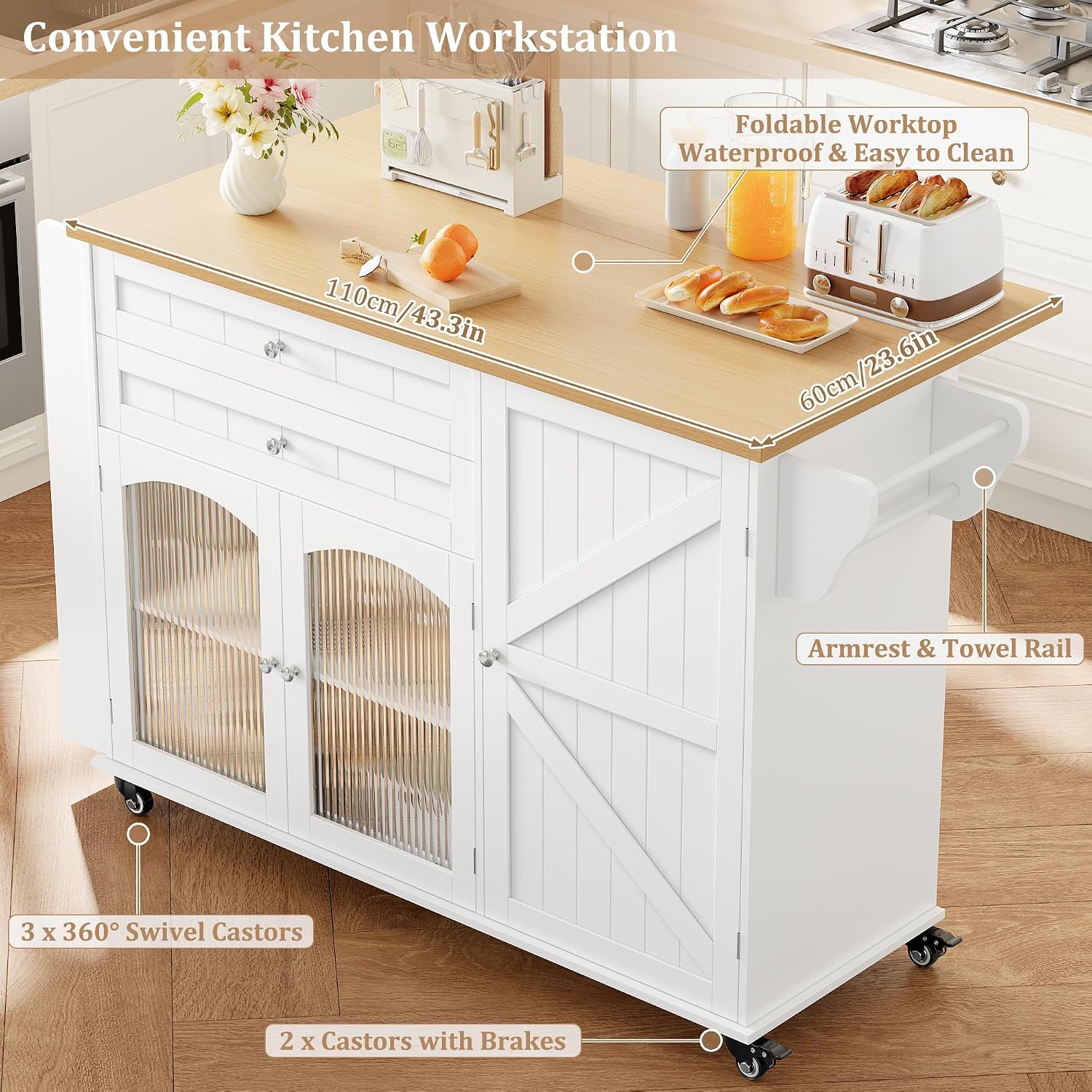 Kitchen Island Kitchen Storage Trolley on Wheels Mobile Storage Island with Foldable Worktop Spice Rack Towel Bar Rolling Sideboard Storage Cabinet Dining Room 132x40x97.5cm White