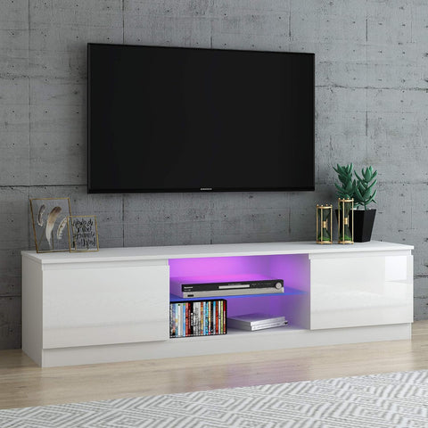 Modern TV Unit Cabinet Stand LED Cupboard 160CM Matt Body and High Gloss Front (White) (White)