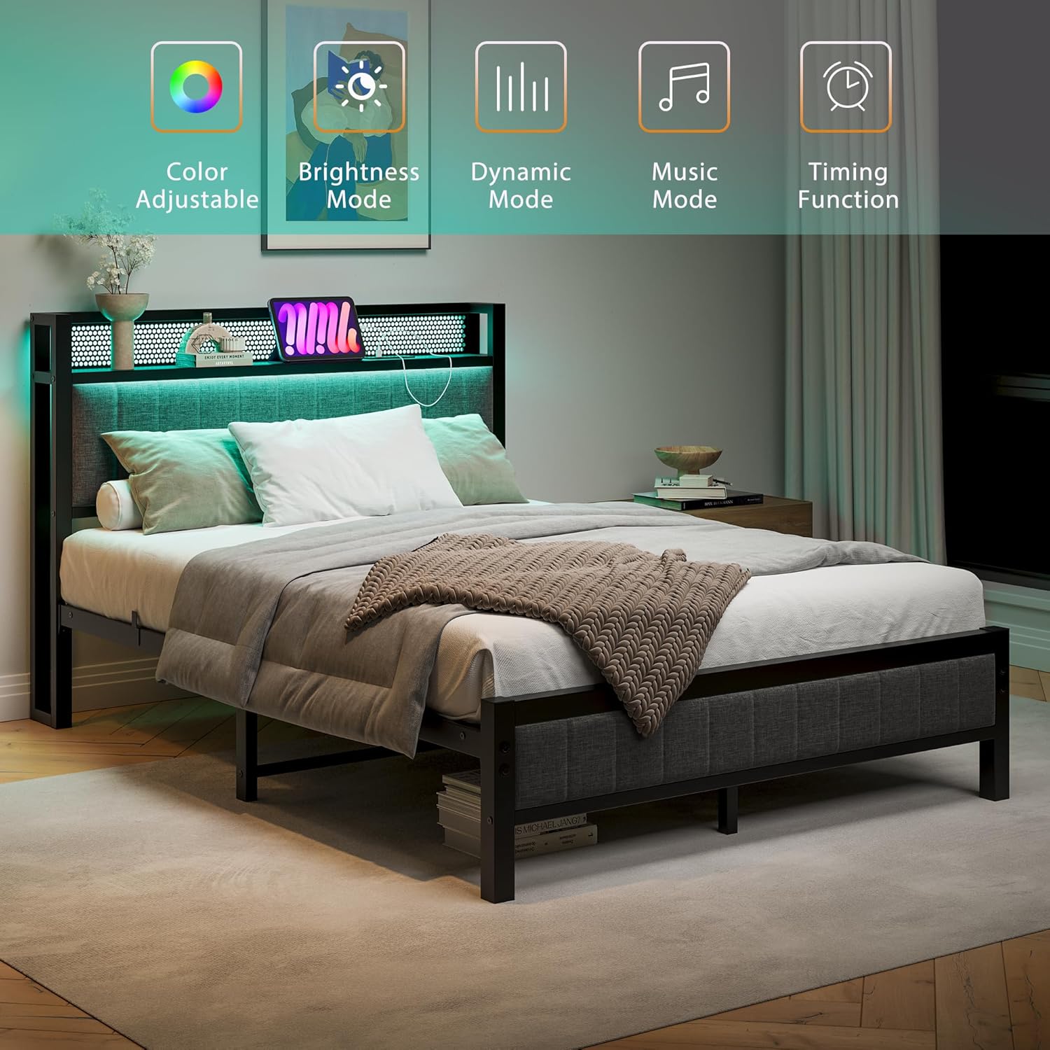 Double Bed Frame with Wooden Storage Headboard,Charging Station,LED Lights,Metal Platform Upholstered Bed Frame Double Bed with Strong Metal Slats No Box Spring Needed,Under Bed Storage,Grey