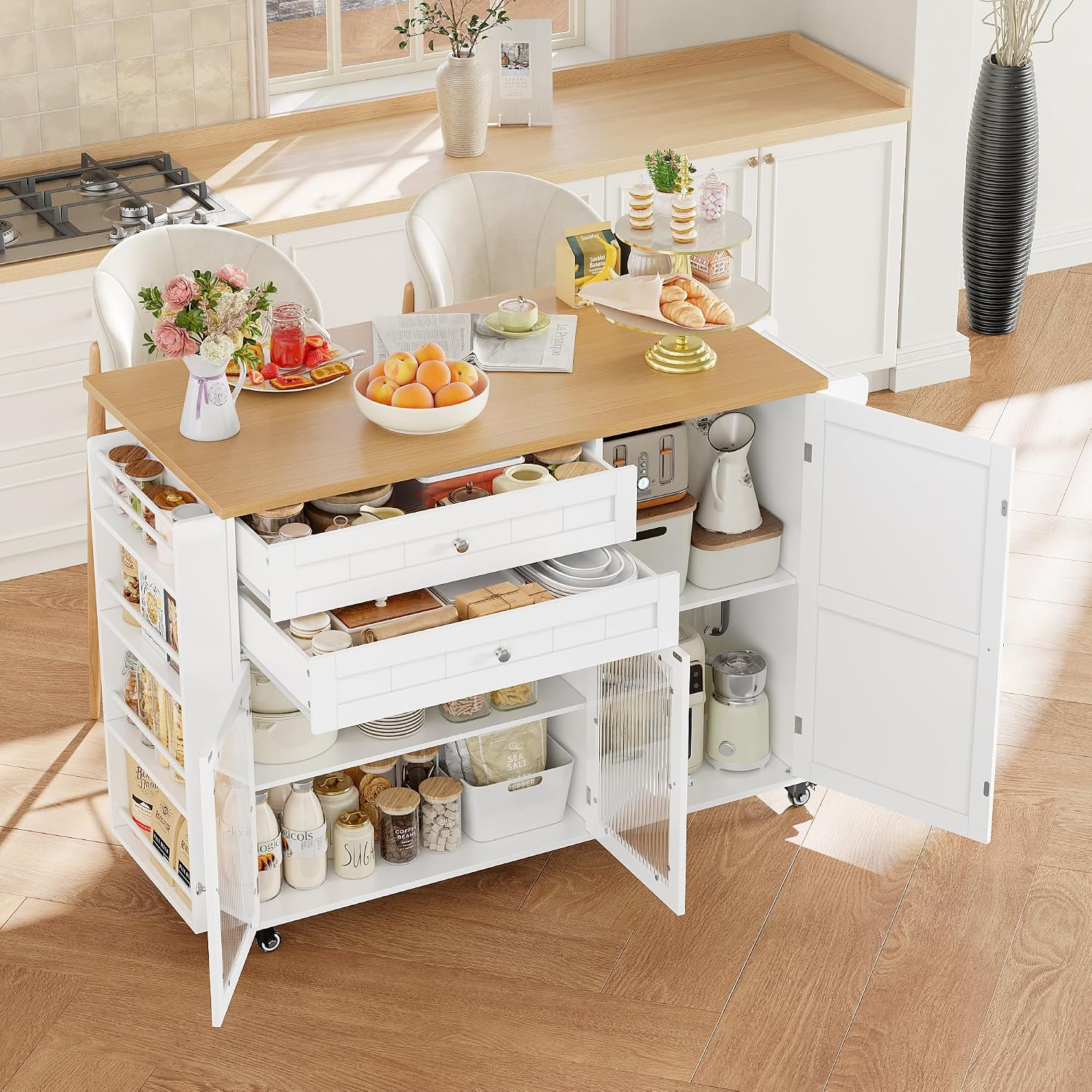 Kitchen Island Kitchen Storage Trolley on Wheels Mobile Storage Island with Foldable Worktop Spice Rack Towel Bar Rolling Sideboard Storage Cabinet Dining Room 132x40x97.5cm White