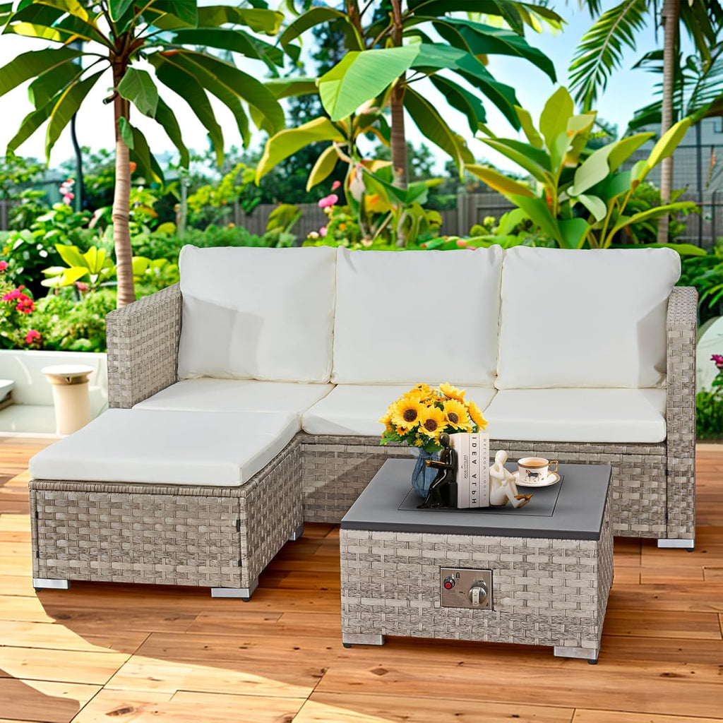 Rattan Garden Furniture Set with Fire Pit Table 3 Pieces Outdoor Sectional Sofa Set