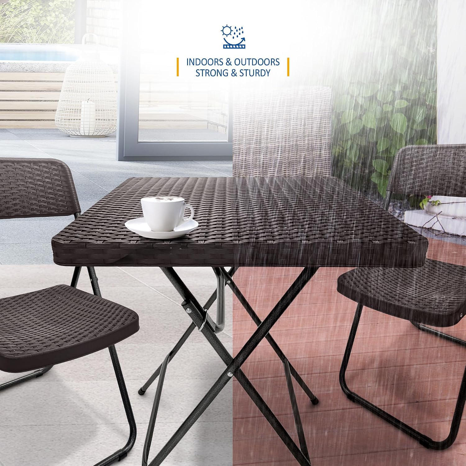 Patio Bistro Garden Furniture Set - 3 Piece Rattan Effect Folding Table and Chairs - Heavy Duty Capacity