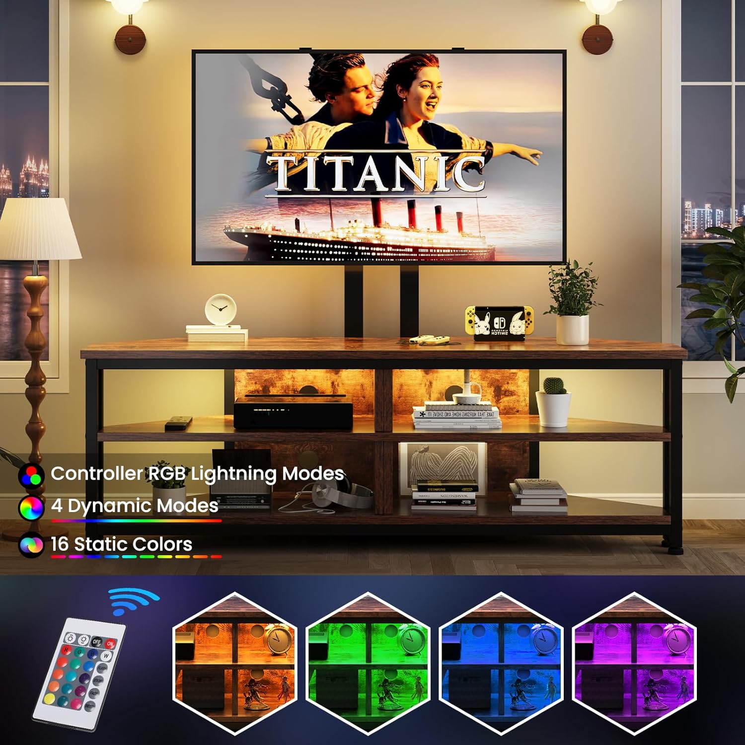 TV Stand Cabinet with LED Lighting and TV Mount