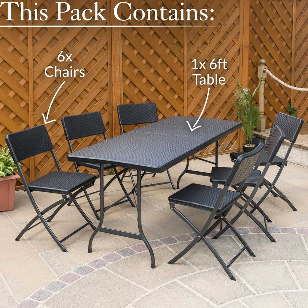 Garden Table and Chairs Set 6 Seater Rattan Effect Folding Patio Furniture (6ft)
