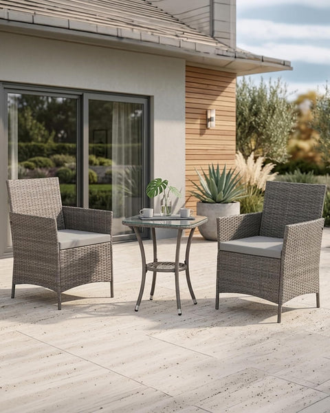 Outdoor Rattan Garden Bistro Set 3 Piece Wicker Table and Chairs Furniture with Cushions Glass Top Coffee Table for Conservatories Balcony Patio Poolside and Terrace (Grey)