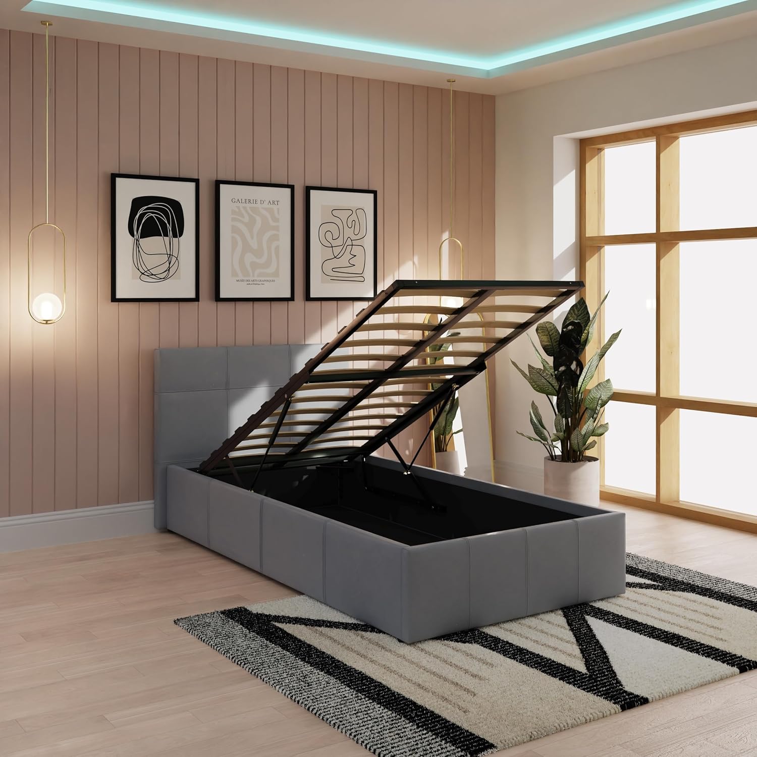 Single Grey Upholstered Fabric Ottoman Bed Frame
