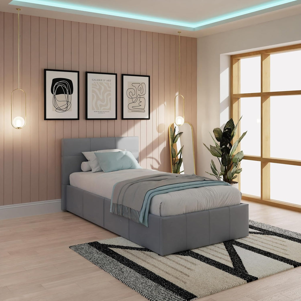 Single Grey Upholstered Fabric Ottoman Bed Frame