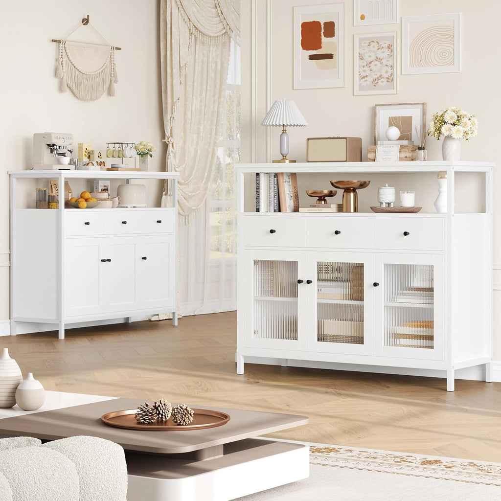 White Sideboard Storage Cabinet Kitchen Sideboard Buffet Cabinet with 3 Glass Doors 3 Drawers and Adjustable Shelves for Living Room Dining Room