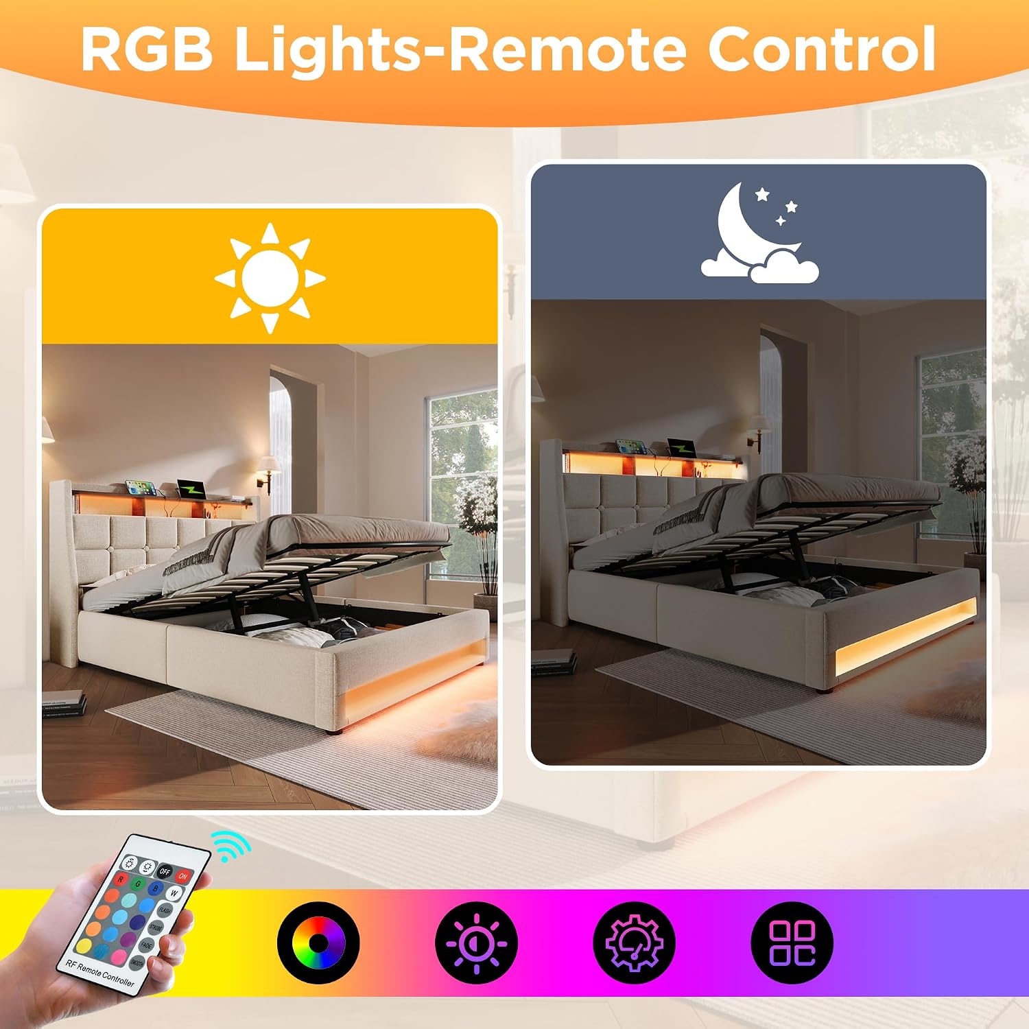 4ft6 Double Bed Frame with Hydraulic Lift&amp;LED Storage Headboard